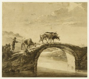 Drei Kühe auf einer Brücke von Aelbert Cuyp