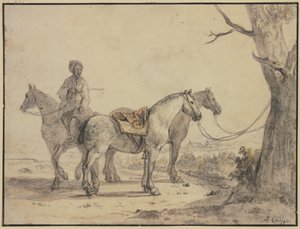 Zwei gesattelte Pferde an einen Baum gebunden, dabei ein Reiter von Aelbert Cuyp