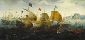 Die Schlacht von Cádiz (Niederländische und englische Schiffe greifen die spanische Armada an)