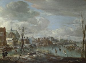 Ein zugefrorener Fluss in der Nähe eines Dorfes, mit Golfern und Schlittschuhläufern von Aert van der Neer