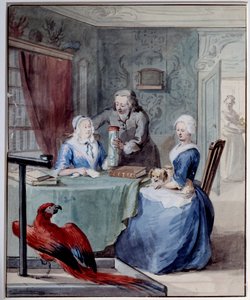 Ein Naturforscher zeigt zwei Frauen ein Glas mit einer Schlange, im Vordergrund ein Papagei von Aert Schouman