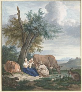 Bäuerin und Bauer mit Kind in einer Landschaft mit Vieh