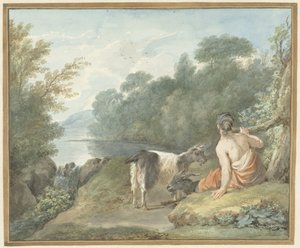 Hirtin mit Ziegen in einer Landschaft mit einem See von Aert Schouman