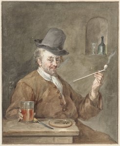 Pfeiferauchender Mann an einem Tisch mit einem Teller, einem Messer und einem Glas von Aert Schouman