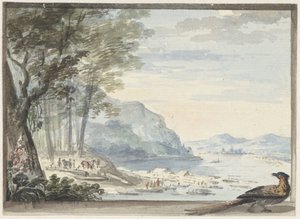 Flusslandschaft mit einem Huhn im Vordergrund