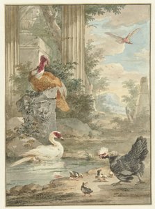 Truthahn und andere Vögel in der Nähe klassischer Ruinen in einem Park von Aert Schouman