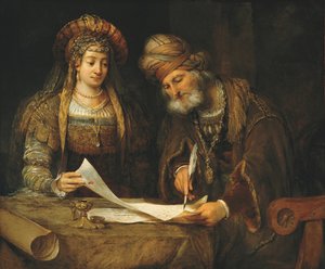 Esther und Mordechai schreiben den ersten Brief von Purim, ca. 1675 von Aernt de Gelder