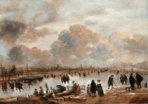 Eine Winterlandschaft mit Schlittschuhläufern und Stadtbewohnern auf einem zugefrorenen Wasserweg von Aert van der Neer