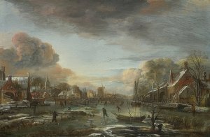 Ein zugefrorener Fluss mit Stadt am Abend. Um 1665 von Aert van der Neer