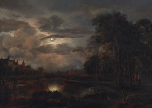 Mondscheinlandschaft mit Brücke, wahrscheinlich 1648-1650