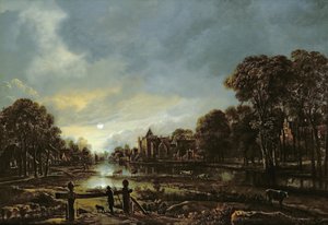 Mondbeschienene Flusslandschaft mit Hütten an den bewaldeten Ufern