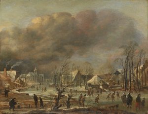 Schneefall auf ein Dorf neben einem zugefrorenen Kanal, 1630-77 von Aert van der Neer