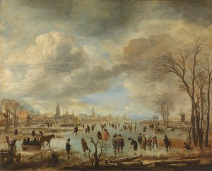 Winterlandschaft in der Nähe einer Stadt mit Kolfspielern und Pferdeschlitten von Aert van der Neer