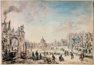 Winterlandschaft mit Schlittschuhläufern, niederländisches Gemälde des 17. Jahrhunderts von Aert van der Neer