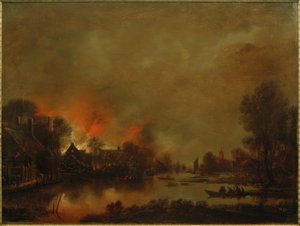 Nächtliche Kanallandschaft mit Feuer in einem Dorf von Aert van der Neer der Ältere