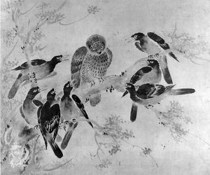 Mynah-Vögel greifen eine Eule an, wahrscheinlich 19. Jahrhundert von after Sesson Shūkei