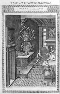 Brunnen mit singenden künstlichen Vögeln. Dies ist ein Projekt von Agostino Ramelli, gemäß „Diverse und Artificiosis Machine“. Mailand 1600. von Agostino (after) Ramelli