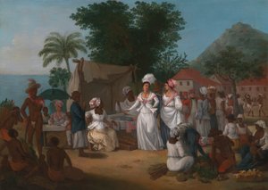Ein Leinenmarkt mit einem Leinenstand und einer Gemüsehändlerin in den Westindischen Inseln