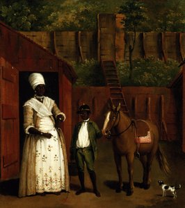 Eine schwarze Mutter und Sohn mit einem Pony vor einem Stall von Agostino Brunias
