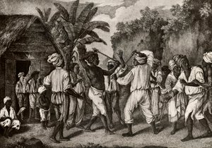 Knüppelwettkampf zwischen englischen und französischen Negern auf der Insel Dominica, Santo Domingo