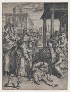 Der heilige Paulus erweckt Patroklos, der am Boden liegt, umgeben von einer Gruppe von Zuschauern, 1583