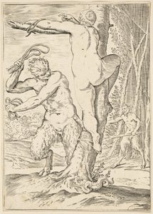 Satyr peitscht eine Nymphe, um 1590-95 von Agostino Carracci