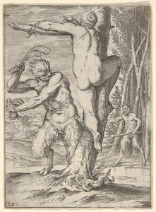 Satyr peitscht eine Nymphe, die von hinten gezeigt und an einen Baum gebunden ist von Agostino Carracci
