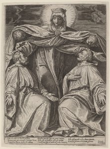 Die Madonna, die zwei Mitglieder einer Bruderschaft beschützt