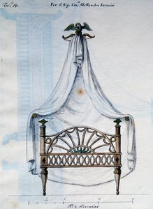 Himmelbett für Alexander Saracens, aus Lavori di falegname e Fabbro ideati e disegnati da me Agostino Fantastici, Manuskript 3, Tafel 18 von Agostino Fantastici