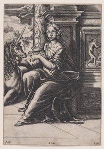 Keuschheit, eine sitzende Frau, ein Einhorn zu ihrer Rechten, ca. 1515-30