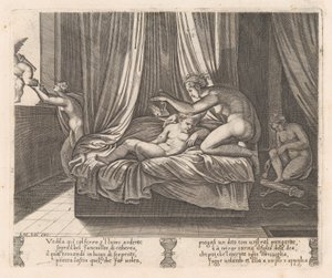 Psyche betrachtet Amor, aus der Geschichte von Amor und Psyche, erzählt von Apuleius von Agostino Veneziano