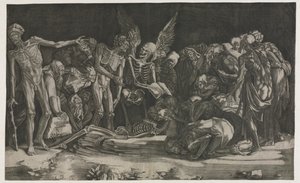 Skelette, auch bekannt als Allegorie des Todes und Ruhms von Agostino Veneziano