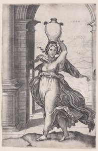 Frau, die eine Vase auf dem Kopf trägt, datiert 1528