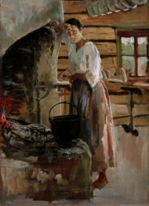 Frau kocht Maränen von Akseli Valdemar Gallen Kallela