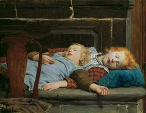 Zwei schlafende Mädchen auf der Ofenbank von Anker, Albert (1831-1910). Öl auf Leinwand
