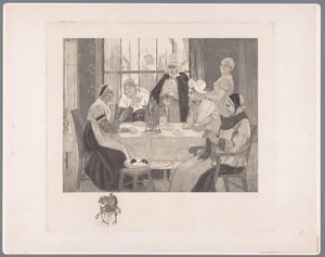 Gesellschaft von Frauen in Tracht am Tisch