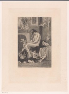 Nackte Frau am Rand eines Bettes umgeben von spielenden Dämonen von Albert Bertrand (attributed to)