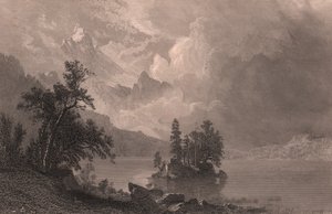 Ansicht des Lake Esther, Sierra Nevada, Kalifornien, Vereinigte Staaten, Stahlstich von Robert Hinshelwood nach einem Gemälde von Albert Bierstadt, ca. 19x14 cm