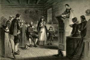 Öffentlicher Gottesdienst in Plymouth durch die Pilger, 1877 von Albert Bobbett