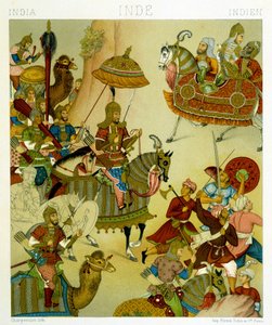 Kriegskostüme des 16. Jahrhunderts in Indien. Chromolithographische Platte - in „Le costume historique“ von Racinet