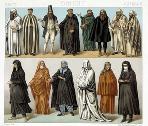 Kostüme von Mönchen und Religiösen im Nahen Osten im 19. Jahrhundert. Illustration in „Le costume historique“ von Racinet