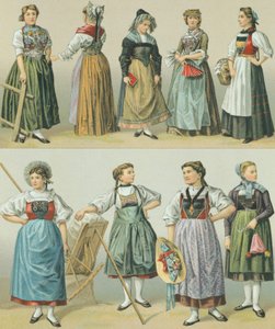 Kostüme der Kantone, Illustration aus Die vollständige Kostümgeschichte von Racinet Auguste