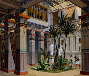 Ägypten, Innenraum eines wohlhabenden Hauses im Alten Reich, Lithografie von Charpentier, aus Le Costume Historique, Bd. II, von Auguste Racinet von Albert Charles August Racinet