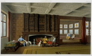 Englischer Lord und seine Familie in seinem Haus im 17. Jahrhundert. Chromolithographische Platte - in „Le costume historique“ von Racinet von Albert Charles August Racinet