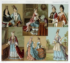 Mode und Frisuren in Frankreich im 18. Jahrhundert - in „Le costume historique“ von Racinet, späte 19. Jahrhundert