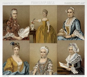 Französische Damenmode im 18. Jahrhundert. Illustration in „Le costume historique“ von Racinet