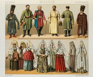 Historische Tracht des russischen Volkes, Illustration aus The Complete Costume History von Racinet Auguste
