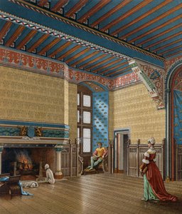 Innenraum eines französischen Wohnhauses aus dem 15. Jahrhundert, Lithographie von Charpentier aus Le Costume historique von Albert Charles August Racinet