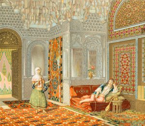 Innenraum eines persischen Zimmers, Illustration aus Complete Costume History von Auguste Racinet