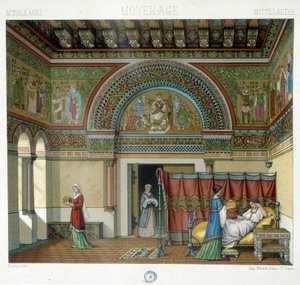 Innenraum eines herrschaftlichen Hauses im Mittelalter - in „The historical costume“ von Racinet